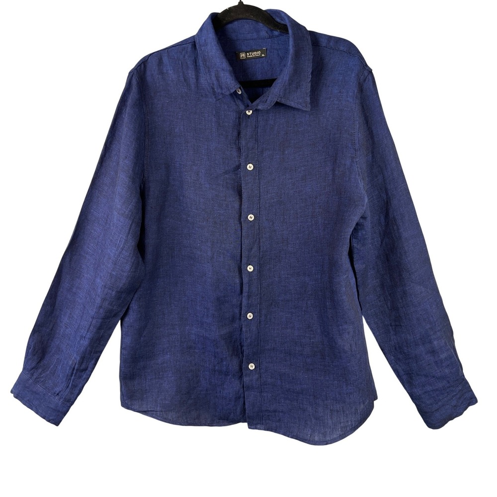 Mens Italian Linen Blend Royal Blue Button Up Long Sleeve Shirt SZ XL Vacation